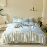 Korean style Princess lace bow bedding set pink sweet girl chiffon ruffles duvet cover bed sheet pillowcase wedding home textile