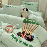 Bedding Set Ins Cute Blue embroidery Mixed With Washed Cotton Minimalist Four Piece Set Fitted Sheets Duvet Cover