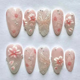24pcs Flower Butterfly Design False Nails Art Summer Sweet Colorful Smudge Almond Full Cover Nail Rhinestone Press on Fake Nails