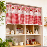 Korean Countryside Style Cute Cherry Lace Short Curtain,Red Two Tone Checkered Small Window Curtains for Kitchen-Home Drapes