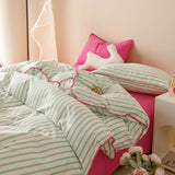 Bedding Set INS Girls Striped Soft Washed Cotton Bed Sheet Queen King Size Duvet Set  Comforter Set Pillowcase Bed Linens