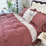 100% Cotton yarn-dyed Plaid Washed Cotton Ruffles Korean Princess Bedding Set Duvet Cover Quilted Bedspread Pillowcases 4Pcs