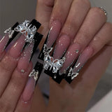 24pcs Glossy False Nail Press on Nail Glitter French Black Long Square with 3D Butterfly Design Full Cover Detachable Nail Tips