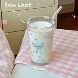 Kawaii Bowknot Glass Coffee Cups With Straw Aesthetic Cute Tumbler 380ml korean Cups For Ice Hot Juice Beer Milk Tea Glasses Cup