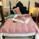 Vintage Plaid Pure Cotton double-layer yarn four-piece set French lace Bedding Set Duvet Cover Pillowcases Flat/Fitted Bed Sheet