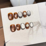 Autumn-winter False Nails Glossy Melard Brown Cat Eye Short Square Round Press on Nail with Glue Star Design Wearable Nail Tips