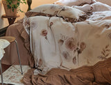 Egyptian Cotton Brushed Fabric Pleated Ruffles Rose Prints Bedding Set Duvet Cover Flat/Fitted Bed Sheet Pillowcases 4Pcs