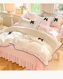 Korean Princess Style With Black Bow Lace Ruffles Pleat Milk Velvet Bedding Set Bedroom Decor Duvet Cover Bed Sheet Pillowcase