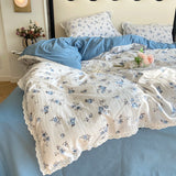 Floral Bedding Set Lace Trim Simple Fresh Elegant Flat Fitted Sheet With Pillowcases Soft Washed Cotton For Women Girl Gift