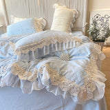 4Pcs Vintage Carved Velvet Lace Ruffles Princess Wedding Bedding Set Queen King Duvet Cover Set Fitted/Flat Sheet Pillowcases
