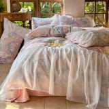 4Pcs French Princess Style Tencel Cotton Ice Silk Summer Cooling Comforter Set Blue Print Ruffle Bedding Set 1.5M Bedspread