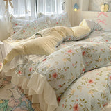 Floral print Korean style Princess Lace Bedding Set Duvet Cover Set Washed Cotton Flat Sheet set Queen For Girl Decor Home