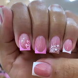 24pcs Sweet Cool False Nails Gradient French Fake Nail Tips with Purple Flowers Design Short Square Press on Nails Colorful Nail