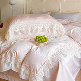 Vintage Jacquard Lace Ruffles Wedding Bedding Set Lyocell Cotton Soft Silky Duvet Cover Set Bed Sheet Fitted Sheet Pillowcases