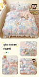 French Princess Lace Ruffles Bedding Set Washed Cotton Skin-friendly Duvet Cover Set with Sheet Soft Printed Flowers Quilt Cover