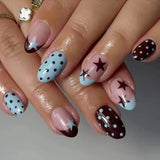 24Pcs Blue Almond False Nails Yellow French Press On Nails Five-pointed Star/Polka Dot Printed Y2K Girls Finished Fake Nails