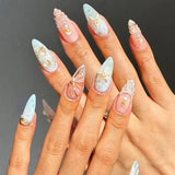 24pcs Long Almond Stiletto Fake Nails Press on Gradient Blue Nails Rhinestone Flower Pearl Design False Nail Wearable Manicure