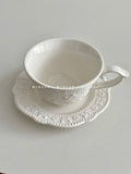 French Relief Coffee Cup Dish Set Exquisite Household Ceramic Drinking Cups With Handle White Round Plates 2Pcs Drinkware Suit