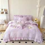 Rose Flowers Embroidery Ruffle Lace Bedding Set Washed Cotton Duvet Cover Set Skin Friendly Bed Sheet Pillowcases Princess Style
