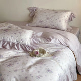 4Pcs Lyocell Soft Silky Cooling Summer Bedding Set Rose Floral Prints Ruffles Duvet Cover Set Bed Sheet/Fitted Sheet Pillowcases