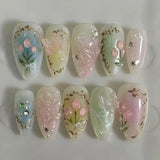 24Pcs Pink False Nails Strawberry Cherry Design Press on Nails Sweet Cute Almond Nails Wearable Fake Nails Full Cover Nail Tips