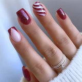 24pcs Christmas Square False Nails Gilded Lines White Short Ballet Press on Nails Tips Reusable Snowflake Pearl Design Fake Nail