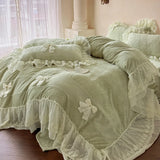 Carved Velvet Double Layer Lace Ruffles Bow Princess Bedding Set Winter Warm Duvet Cover Flat Bed Sheet Pillowcases 4Pcs