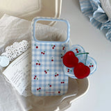 Ins Simple Cute Magnetic Cherry Lattice Pattern Blue Case with Heart Bracket for iPhone 17 16 15 Pro Max Shockproof Back Cover