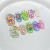 10Pcs Pink Cute Handmade Press on Nails Full Cover Bear Rhinestone Summer French Short False Nails Wearable Manicure Nail Tips