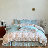 100% Cotton Korean Princess Style Rose Floral Plaid Ruffles Bedding Set Queen King Size Duvet Cover Bed Sheet Pillowcases 4Pcs