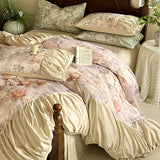 3/4Pcs Bedding Set Tencel Cotton Ice Silk French Vintage Pleated Style Luxury Duvet Cover Bed Linen 2 Bedroom With Elastic Band