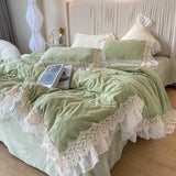 4Pcs Vintage Carved Velvet Lace Ruffles Princess Wedding Bedding Set Queen King Duvet Cover Set Fitted/Flat Sheet Pillowcases