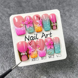 10pcs French Gradient Handmade Fake Nails Flower Rhinestone Design Spicy Girl Mid-length Square False Nails Tips Press on Nails