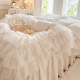 4/6Pcs White Pink 100% Cotton Princess Wedding Bedding Set Three Layers White Chiffon Lace Duvet Cover Set Bed Skirt Pillowcases