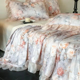 Silky Soft Cooling Summer Quilt Set Flat sheet 2 Pillowcases for Hot Sleepers Flowers printed Lace Blanket 200x230cm Queen Size
