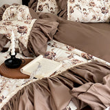 1000TC Egyptian Cotton Brown French Vintage Flowers Printing Bedding Set Duvet Cover Set Flat/Fitted Bed Sheet Pillowcases 4Pcs