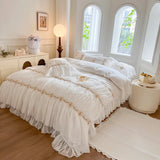 4/6Pcs Vintage French Pleated Pastoral Style Lace Ruffles Embroidery Bedding Set Duvet Cover Set Bedspread Bed Skirt Pillowcases