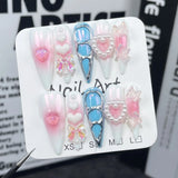 10pcs Detachable Gradient Blue Press on Acrylic Nails Coffin Fake Nails with Heart Designs Handmade High Quality Stick on Nails