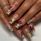 Mid-length Square False Nails French Leopard Print Long Ballet Fake Nail Full Cover Press on Nails Pearl Design Acrylic Nail Tip