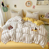 Cute Cartoon Embroidery Stripe Bedding Set Washed Cotton Soft Four Piece Sets Pillowcase Duvet Cover Set 200x230cm Home Textiles