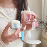 Pink Blue Dots Vertical Stripes Earphone Cover Case with Keychain for Airpods 1, 2, Pro/pro2/pro3, 3, 4, Dustproof, Anti-fall