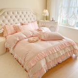 Pink Korean Princess Wedding 100% Cotton Bedding Set Four Layers Lace Ruffles Duvet Cover Bed Skirt Bedspread Pillowcases 4Pcs