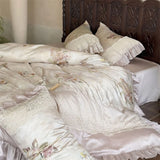 4Pcs Lyocell Soft Silky Cooling Vintage Lace Ruffles Floral Prints Bedding Set Duvet Cover Bed Sheet/Fitted Sheet Pillowcases