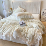 4Pcs Vintage Carved Velvet Lace Ruffles Princess Wedding Bedding Set Queen King Duvet Cover Set Fitted/Flat Sheet Pillowcases