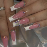 24pcs Wearable Press on Nails Fashion Flower Pearl Design Long Square Fake Nails Tips White French Coffin False Nail Finished