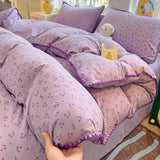 Ins Bedding Set Purple Love Stripe Double Layer Yarn Four Piece Dormitory Girl Heart Bed Sheet And Quilt Set Washed Cotton