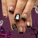 24pcs Phantom Design Press on Nails Gradient Black Short Square False Nail Shiny Powder Halloween Fake Nails Reusable Manicure