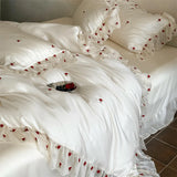 Luxury Light Champagne Rose Embroidery Ruffled Bedding Set Lyocell Soft Silky Cooling Duvet Cover Set Bed Sheet Pillowcases 4Pcs