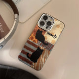 Korean Black Cat Leopard Splicing Phone Case For iPhone 11 12 13 14 15 16 Pro Max XS XR X 7 8 Plus Glitter Lens Protective Cover