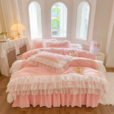 4/6Pcs White Pink 100% Cotton Princess Wedding Bedding Set Three Layers White Chiffon Lace Duvet Cover Set Bed Skirt Pillowcases